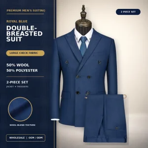 OEM Royal Blue Large Check Men’s Double Breasted 2 Piece Suit 50% Wool Blend Peak Lapel Business Formal Suit