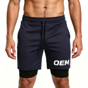 OEM Spandex Polyester 220GSM Double Layer Quick Dry Breathable Solid Mid Waist Drawstring Men Sporty Gym Board Shorts