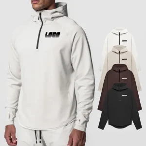 OEM Sports Activewear Men’s Long Sleeves High Neck Half Zip Hooded Top Fitness Workout Custom Gym Shirt Hoodie With Thumb Hole