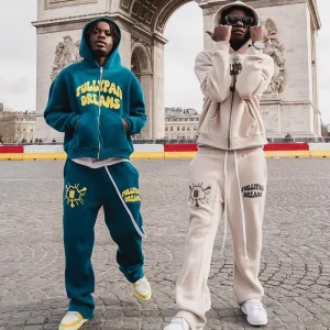OEM Vintage Winter Streetwear Printed Eco-Friendly Heavyweight French Terry Tracksuit Stacked Sweatpants Hoodies Set Custom