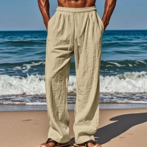 OUCHEN Cotton-linen In-stock Men’s Mid Pants Breathable Sweat-absorbent Solid Color Basic Casual Wide-leg