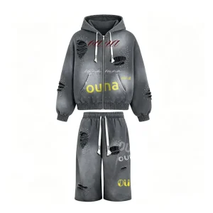 OUNA Hoodie Manufacturer 500 GSM Cotton Hoodie and Sweatpants Set Distressed Washed Oversized Men Tracksuit