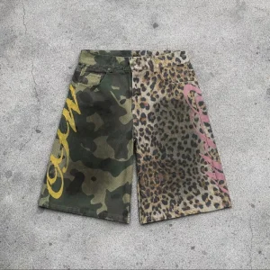 OUNA Men’s 100% Cotton Camo Denim Cargo Shorts Custom Print All Over Printed Camouflage Ripped Baggy Jorts