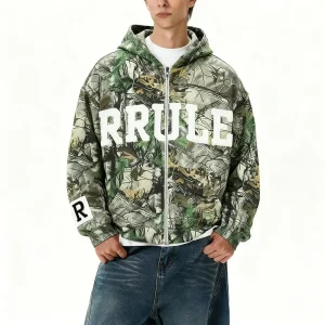 Oem Heavyweight Blank Pullover Custom Logo 100% Cotton Boxy Oversize Zipper Screen Printing Camoflouge Camo Zip up Hoodie Men