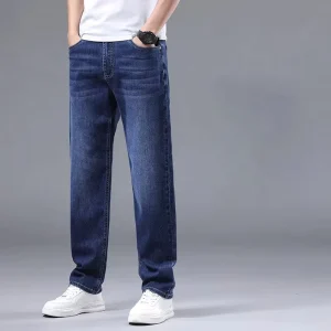 Oem customized high end blue jeans men’s loose straight new autumn washed stretch casual long pants