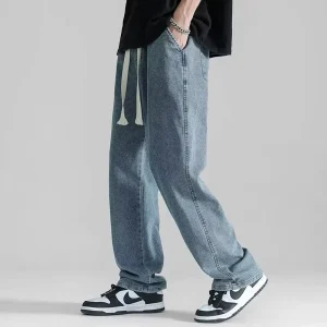 Oem customized straight jeans men’s summer new thin style trendy loose drooping wide leg drape mopping trousers casual pants