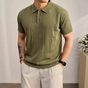 One Piece Hollow Out Jacquard Polo Shirt Men’s Lapel Short Sleeved T-shirt Breathable Casual Knitwear Top