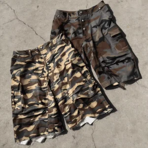 Ouna Manufacturer Custom High Quality Streetwear Camouflage Cargo Shorts Raw Hem Distressed Men’s Baggy Camo Shorts