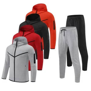 Outdoor Fitness Embroidered Logo Men’s Tracksuit 2 Pieces Hooded Sport Casual Suit
