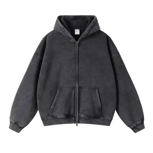 Oversize Men’s Vintage Hoodie Zip up Long Sleeve Sweatshirt with Pockets Acid Wash Streetwear Fleece Hoodies Jacket