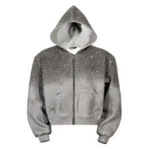 Oversized Heavyweight Men’s Zip up Hoodie Custom Rhinestone Design Streetwear Boxy Hoodies 100% Cotton ODM Manufacturer