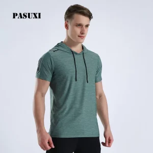 PASUXI Men’s Summer Quick Dry Gym Hoodie Short Sleeve Breathable Regular Fit Training T shirt Athletic Running Sportswear Top