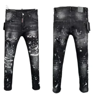 Paint Splatter Distressed Jeans Trousers Street Wear Wash Denim Pants for Men