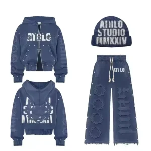 Patches Custom Embroidery Rhinestone Hoodie Men Oversized Acid Wash Zip up Distressed Vintage Sweatpants and Hoodies for Men Set