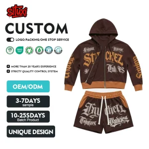 Personalized Old English Gothic Print 2 Piece Set Men’s Cropped Zip Up Hoodie Shorts Custom Streetwear Tracksuit