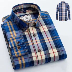 Plaid Casual Business Shirts 100% Cotton Solid Color Long Sleeve Shirt Men’s Stylish Slim Fit Shirt