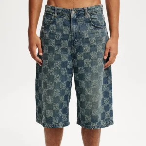 Plaid Light Washed Men’s Denim Shorts Straight-leg Mid Waist 100% Cotton Casual Distressed Laid-Back Jeans Shorts Baggy Jorts