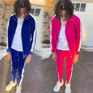 Plain Cotton Velour Sweatsuit Custom Two Piece Velvet Tracksuit Men Velour Side Strip Tracksuit Set
