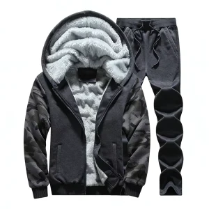 Plus Size Men’s Fashion Winter Tracksuit Knitted Terry Fleece Hoodie Pant Set Camouflage Pullover Sweatshirt Casual Jogger Suit
