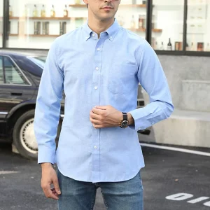 Plus Size Men’s Shirt Casual Solid Color Oxford Long Sleeve Shirt