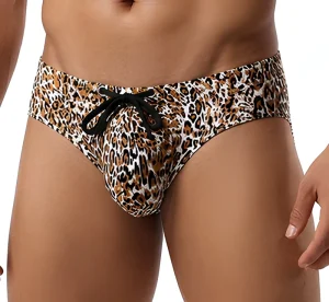 Plus Size for Europe Men’s Ice Silk Adjustable Drawstring Leopard Pattern Printed Swimwear Briefs