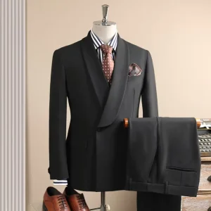 Poly Viscose Elastane Blend Double Breasted Shawl Lapel Blazer Stretch Waist Pant 2 Pieces Men’s Suit