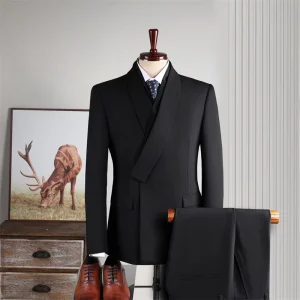 Poly Viscose Elastane Blend Double Breasted Shawl Lapel Blazer Stretch Waist Pant 3 Pieces Slim Fit Men’s Suit