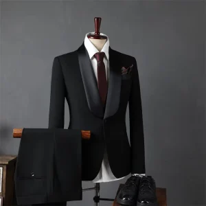 Poly Viscose Elastane Blend Single Breasted Shawl Lapel Blazer Stretch Waist Pant Tuxedo 2 Pieces Slim Fit Men’s Suit