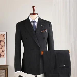 Poly Viscose Elastane Blend Striped Double Breasted Notch Lapel Blazer Stretch Waist Pant 2 Pieces Men’s Suit