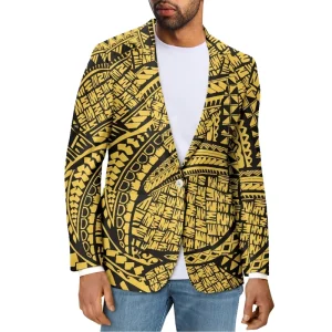 Polynesian Print Men’s Blazer Slim Fit Maori Tribal Suit Jacket Yellow Black Party Stage Wear