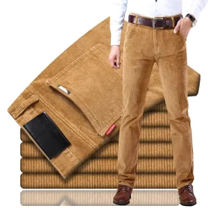 Popular Casual Straight Leg Pants Stripes Trendy Classic Buttons Zippers Side Pockets Mens Corduroy Trousers Business Suit Pants