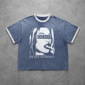 Portrait Graphic Men’s T Shirt 220G Cotton Washed Blue Boxy Fit O Neck Short Sleeve Street Casual Custom Brand
