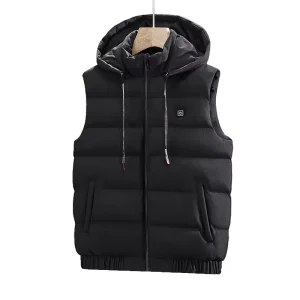 Powered Smart Heated Casual Men’s Winter Outer Wear Breathable Windproof Polyester Vest with Zipper Closure Solid Pattern