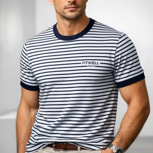 Premium 100% Pima Cotton Men’s Preppy Style T Shirt Slim Fit Striped Tee with Embroidery Logo 190GSM Smart Casual