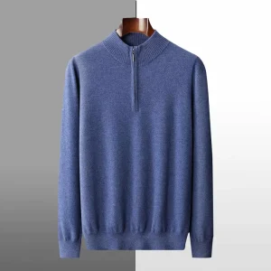 Premium Fashion Merino Wool Sweater Autumn Winter Warm Pullneck 1/4 Zip Solid Color Elegant Jumpers For Men Pullover
