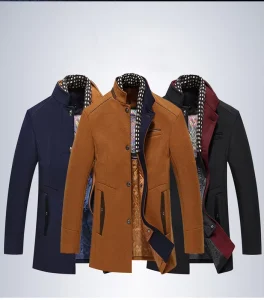 Premium Mid Life Men’s Notched Lapel Wool Blend Heavyweight Mid Length Trench Coat Business Outerwear Overcoat