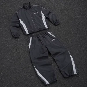 Premium Nylon Windbreaker Tracksuit Set Custom Logo Contrast Panel Zip Up Jacket And Jogger Pants Men Sportswear Set