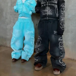 Printed Jogging Acid Wash Zip Up Hoodies and Sweatpants Set Custom Graphic 100% Cotton Oversized Men Tracksuit