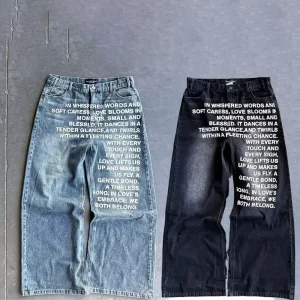 Printed and Washed Cotton Baggy Jeans for Men Customizable Y2K Hip Hop Bermuda Denim Trousers