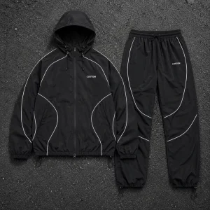 Professional Techwear Windbreaker Tracksuit Set White Piping Hooded Jacket And Jogger Pants Men Streetwear Nylon Set