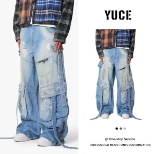 Quality Wide Leg Denim Men’s Pants Elasticized Waist Multi Pocket Heavy Duty Cowboy Full Length Stacked Hems Jeans