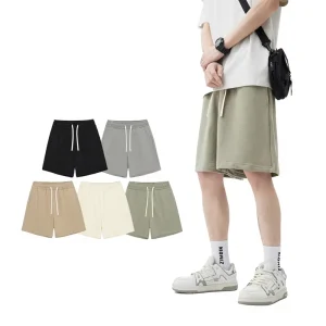 RS Men’s 340G Terry Mid Waist Drawstring Breathable Casual Loose Fit Solid Color Sports Shorts Spring Summer Fashion