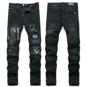 RUICHI Street Fashion Youth Black Ripped Jeans Men’s Stretch Slim Fit Denim Pants with Letter Embroidery