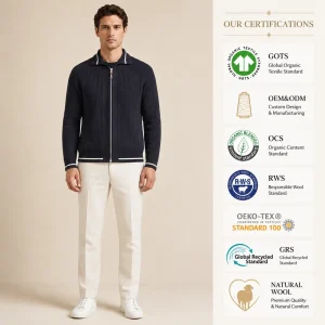 Raglan Sleeve Polo Neck Full Zipper Heavy 7GG Ribbed Cotton Striped Sweater Men Cardigan