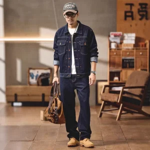 Raw Denim Men’s Suit Jacket Long Sleeve Winter Sporty Style Medium Wash 2 Piece Denim Set Quick Dry Eco Friendly