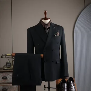 Ready-made Men Suits Sets High Quality Double Breasted Mens Suits 2 Piece Slim Fit Wedding Suits for Men Black