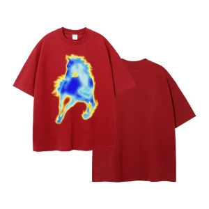 Red Printed Men’s Short Sleeve Animal Print Street Style Pure Cotton Loose Fit Fashion Brand T-shirt