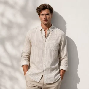 Relaxed Fit Beach Vacation Linen Cotton Striped Men’s Long Sleeve Button up Shirts Casual Blouses Shirt Tops