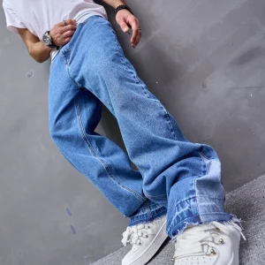 Retro Casual Men’s Jeans New American Fashion Style Loose Breathable Mid Waist Wide leg Denim Pants Baggy Jeans Men for Summer