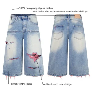 Retro Denim Shorts Dirstressed Ripped Streetwear Jean Shorts Damaged Broken Hold Men’s Washed Loose Vintage Shorts Pants